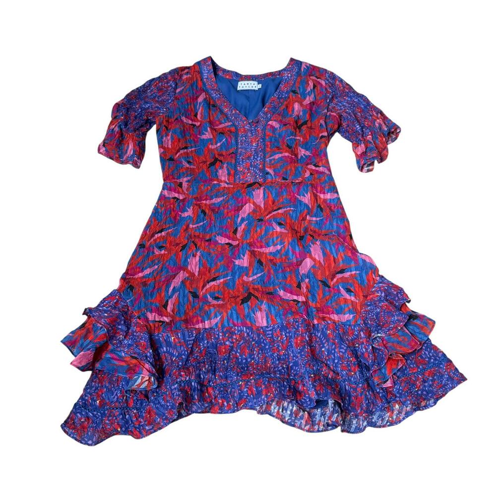 Tanya Taylor 100% silk ruffle sleeve multicolor printed dress US 2 V neck